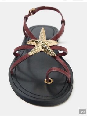 Zara Burgundy Strappy Sandals with Gold Starfish Detail